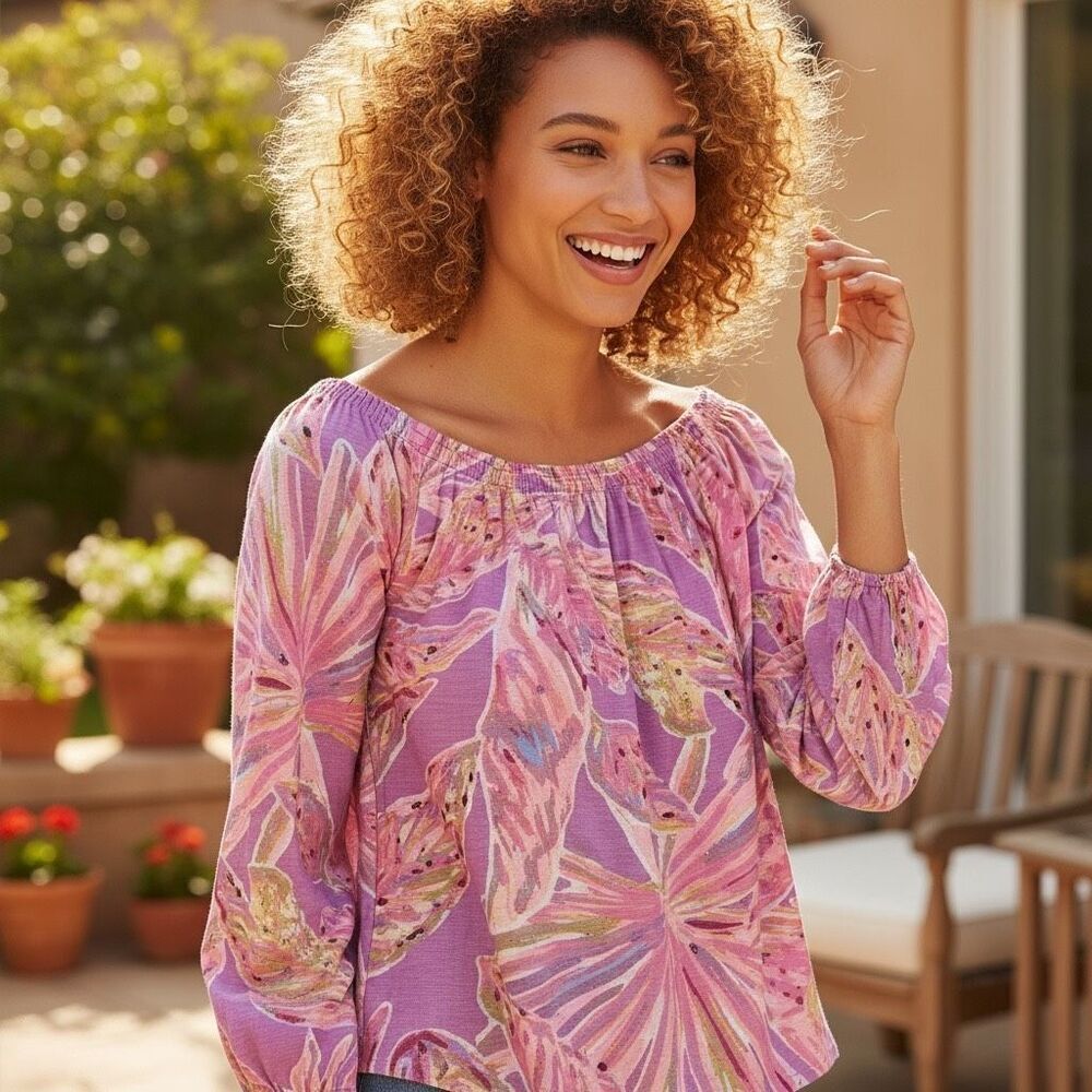 Lilly Pulitzer Pink Coral Vivid Floral Tunic Knit Shirt Top‎  Blouse Small